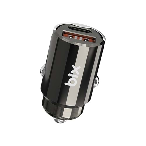 Bix BX-CCP45W 45W Type-C Pd ve Usb-A Qc 3.0 18W Çift Çıkışlı Mini Metal Araç Şarj Cihazı Siyah