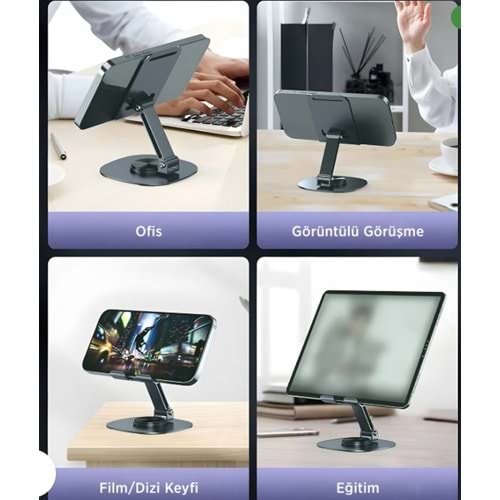 Bix TS01 Katlanabilir 360° Çok Açılı Yükseklik Ayarlı Metal Masaüstü Tablet iPad Tutucu Telefon Standı Gri