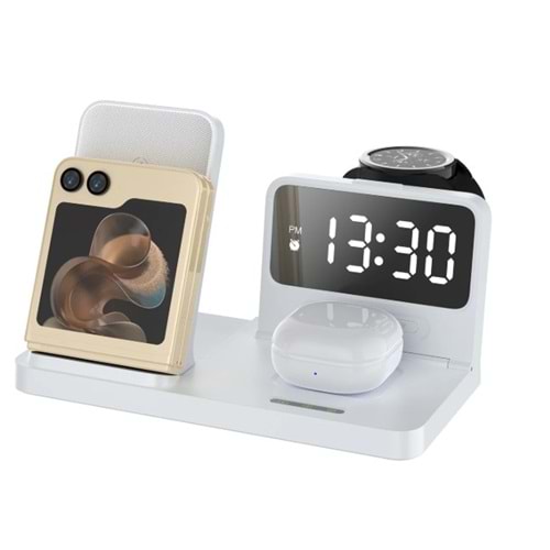 Bix BXMW4 Alarmlı Saat 15W Kablosuz Şarj Standı Wireless Şarj Kaynağı Beyaz