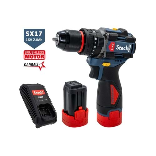 Stechend SX17 2X2.0 Çift Akülü Kömürsüz Darbeli Matkap 16V 2.0AH 50NM