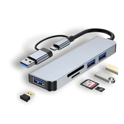 Hepu HP-B07 5-in-1 USB 3.0 HUB – USB-A & Type-C Girişli + Kart Okuyuculu Alüminyum Çoklayıcı
