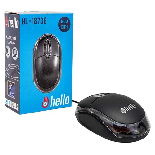 Hello HL-18736 Optik Işıklı 800 DPI Kablolu Mouse