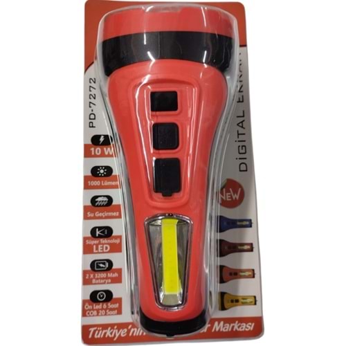 Powerdex PD-7272 Profesyonel El Feneri 10W – 1000 Lümen – 6400 Mah – Powerbank Özellikli & Cob LED Aydınlatma