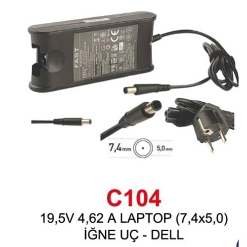 Fast C104 Dell 19.5V 4.62A 7.4*5.0mm İğne Uçlu Notebook Şarj Adaptörü