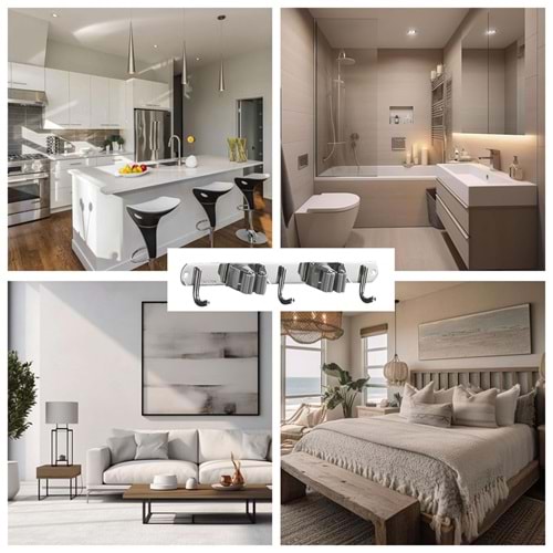 Sunup SN-26350 Dört Kancalı Askılık Üç Silikon Klipsli Metal Paspas Süpürge Tutucu