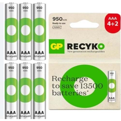 Gp Reycko 950 mAh AAA Şarjlı İnce Kalem Pil 6 Lı Paket Halinde