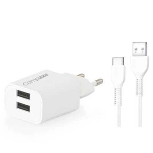 Compaxe CTA-521DUTB24 Çift Usb 5V 2.1A 10W 1 mt Usb 3.0 Ev Şarj Kafa + Usb to Type-C A .Şarj Kablosu