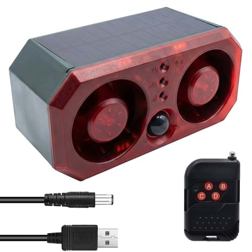 PowerMaster PM-26945 13 Farklı Sesli Hayvan Kovucu Alarm Cihazı 130dB Mikrofonlu Şarjlı Solar Panelli