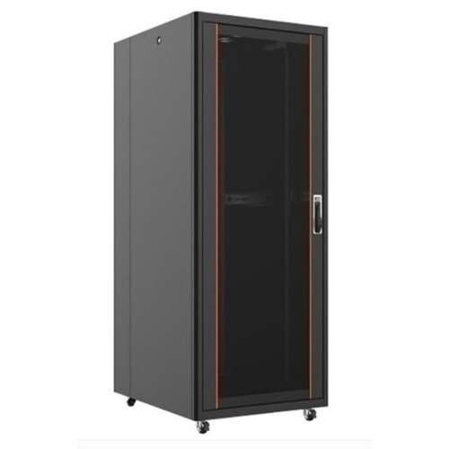 Ager AG-VB42U8010S1-BAAA-A-M1 Montajlı Vega Serisi Dikili Tip Kabinet (Ön Tek Açılım Cıtalı Cam/B - S1 Siyah) + Teker Takımı