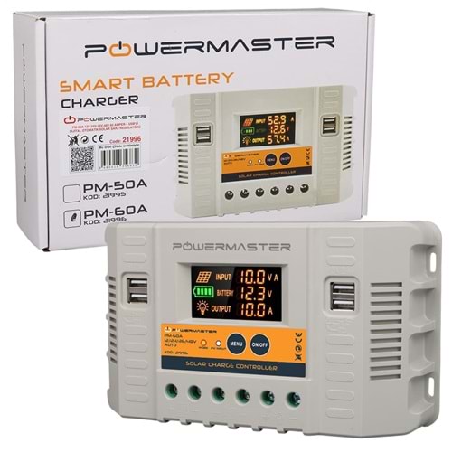 Powermaster PM-60A 12V-24V-36V-48V 60 Amper 4 USB Li Dijital Otomatik Solar Şarj Regülatörü