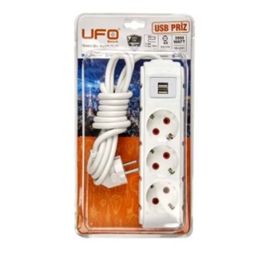 Ufo UFO0009B-USB 1.5 Metre 2 USB Li 3 Lü Anahtarlı Akım Korumalı Priz Beyaz