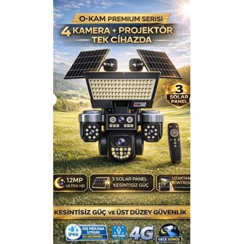 O-Kam OK-334 4 Lens 4G AOV Sirenli Çakarlı 3 Panel Solar Kamera + Kumandalı