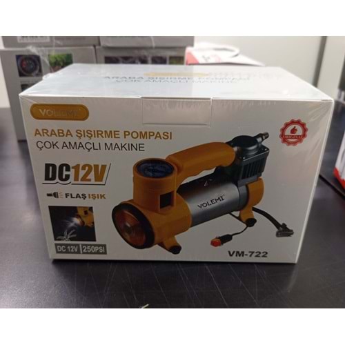 Volemi VM-722 Çok Amaçlı Araç Lastik Şişirme Pompası Hava Kompresörü 12V 250 PSI Çakmaklık Girişli