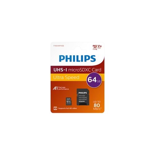 Philips 64GB Micro SDXC Kart + Sd Adaptör - Class 10 Uhs-I U1, 80MB/S Okuma Hızı
