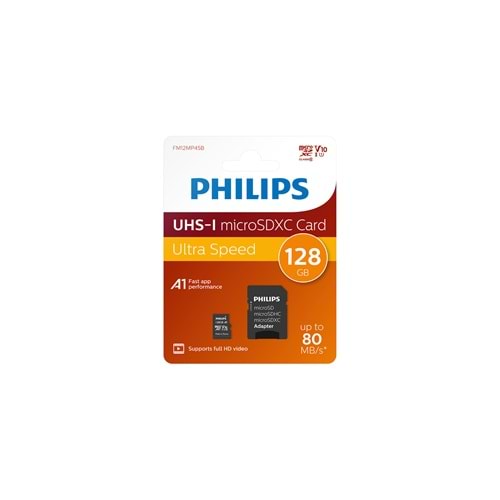 Philips 128GB Micro SDXC Kart + Sd Adaptör - Class 10 Uhs-I U1, 80MB/S Okuma Hızı