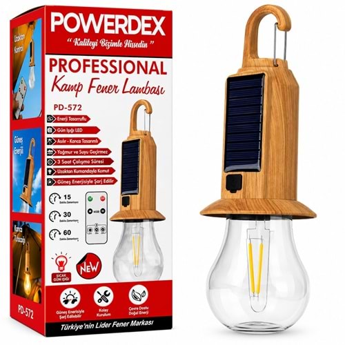 Powerdex PD-572 Solar Şarjlı Askılı Ampül Kamp Lambası