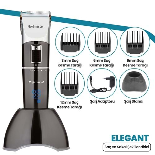 Goldmaster GM-7147 Elegant Led Ekranlı Şarj Standlı Kablosuz Titanyum Bıçaklı 20 Kademeli Saç Sakal Kesme Makinesi
