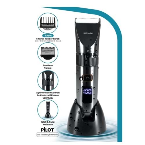 Goldmaster GM-8127 Pilot Led Ekranlı Şarj Standlı Islak Kuru Ayarlanabilir Kadranlı 10 in 1 Saç Kesme Makinesi