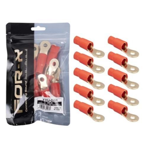 For-X XYU-08R 0GA 8mm Kırmızı Yuvarlak Kablo Ucu Papuç - 10 Lu Paket Halinde