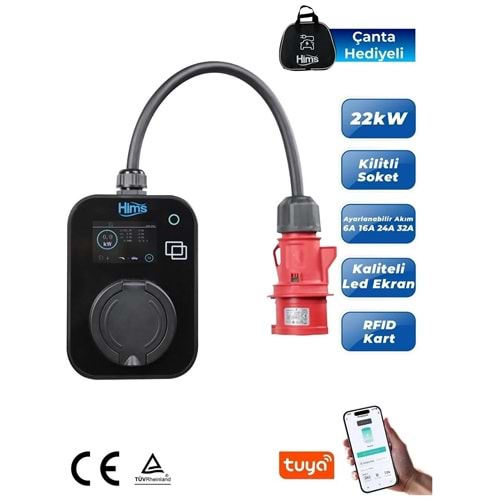 Hims HCTS-22-S 22KW Kilitli Soketli Siyah Taşınabilir Araç Sarj Cihazı