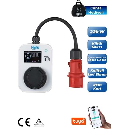 Hims HCTS-22-B 22KW Kilitli Soketli Beyaz Taşınabilir Araç Sarj Cihazı