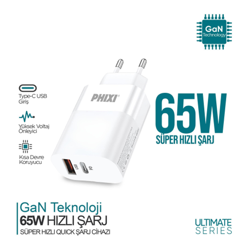 Phixi Ultimate UPD4165 65W PD Çift Çıkışlı Hızlı Şarj Adaptörü