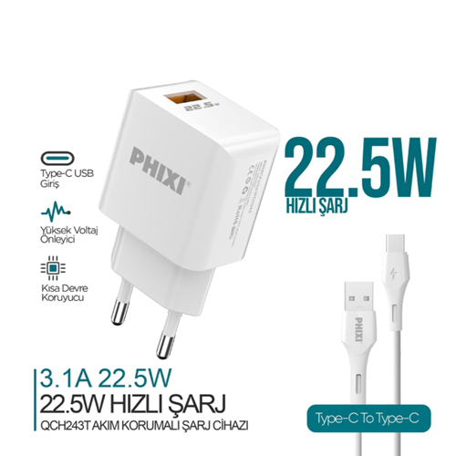 Phixi PCH243T Force Akım Korumalı 3.0A Type-C USB Kablolu Şarj Cihazı