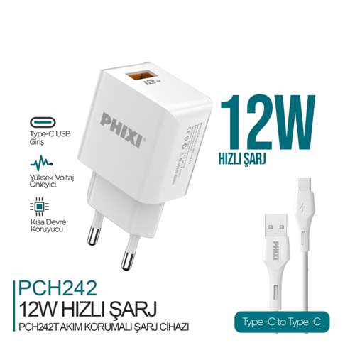 Phixi PCH242T Force Akım Korumalı 2.1A Type-C USB Kablolu Şarj Cihazı