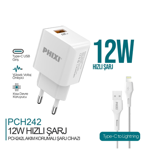 Phixi PCH242L Force Akım Korumalı 2.1A Lightning USB Kablolu Şarj Cihazı