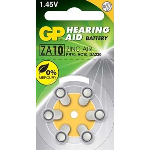 GP ZA10F-ELTD6 10 Numara 1.4V Düğme Kulaklık İşitme Pili 6'lı Paket