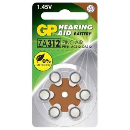 GP ZA312F-ELTD6 312 Numara 1.4V Düğme Kulaklık İşitme Pili 6'lı Paket