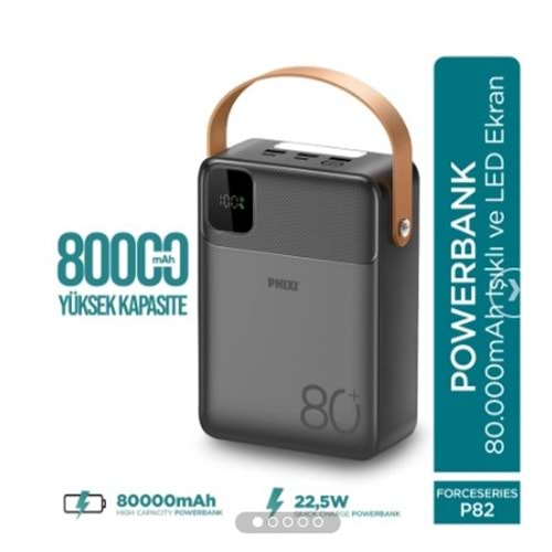 Phixi Ultimate P82 - 80000mAh - Hızlı Şarj - Işıklı - LCD Ekranlı - Dahili Kablolu - Powerbank