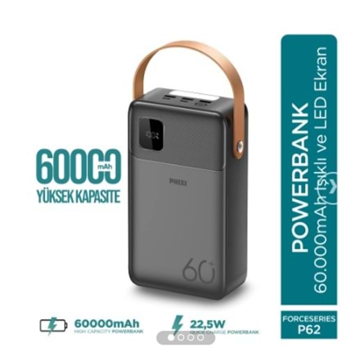 Phixi Ultimate P62 - 60000mAh - Hızlı Şarj - Işıklı - LCD Ekranlı - Dahili Kablolu - Powerbank