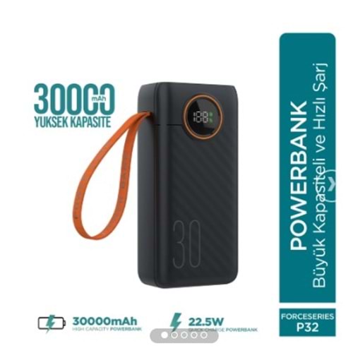 Phixi Force P32 30000mAh 22.5W Hızlı Şarj Cihazı - Dahili Kablolu - Fast Powerbank - Dijital Ekran - Taşınabilir Şarj Cihazı