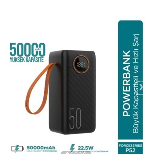 Phixi Force P52 50000mAh 22.5W Hızlı Şarj Cihazı - Dahili Kablolu - Fast Powerbank - Dijital Ekran - Taşınabilir Şarj Cihazı