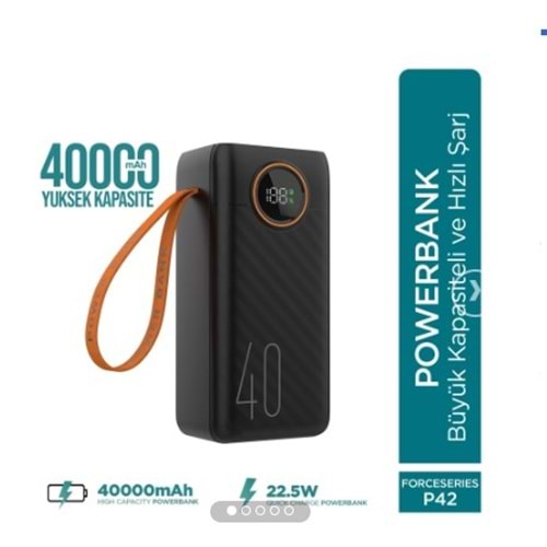 Phixi Force P42 40000mAh 22.5W Hızlı Şarj Cihazı - Dahili Kablolu - Fast Powerbank - Dijital Ekran - Taşınabilir Şarj Cihazı