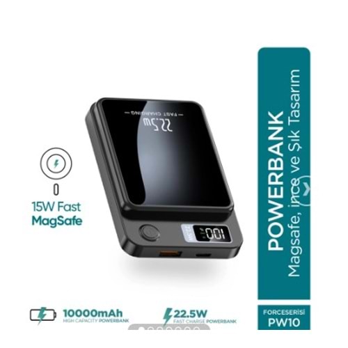 Phixi Force PW10 10000mAh 22.5W MagSafe Powerbank - Kablosuz Mini Şarj Cihazı - 1 USB 1 PD Port - Dijital Ekran - Taşınabilir Şarj Cihazı