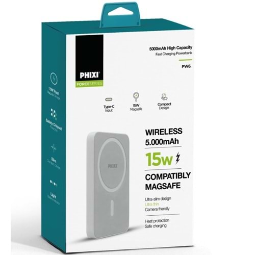 Phixi Force PW6 5000 mAh 15W Ultra İnce Manyetik Kablosuz Powerbank
