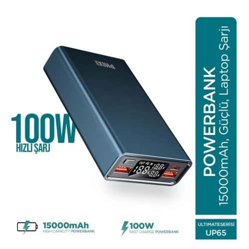 Phixi Ultimate UP65 15000mAh 100W Süper Hızlı Şarj Cihazı - Laptop Şarj Edebilir Powerbank - 2 USB 2 PD Port - Dijital Ekran - Taşınabilir Şarj Cihazı