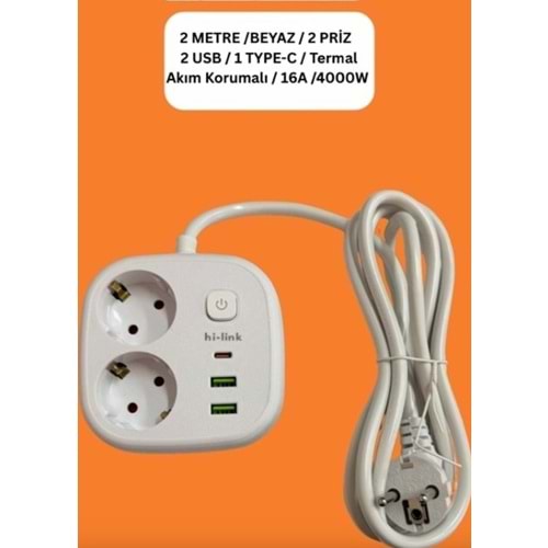 Hi-Link HLA-800-2B 2 Mt/Beyaz/2 Priz/2 Usb/1 Type-C Termal Akım Korumalı Priz