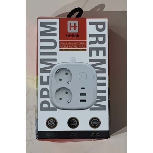 Hi-Link HLA-800-2S 2Mt/2 Priz/2 Usb/1 Type-C/Siyah/Termal Akım Korumalı Priz