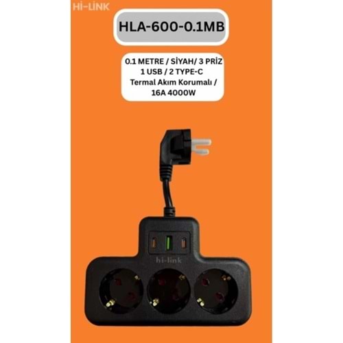 Hi-Link HLA-600-01S 20cm/ Siyah/ 3 Priz/ 1 Usb /2 Type-C Termal Akım Korumalı Priz