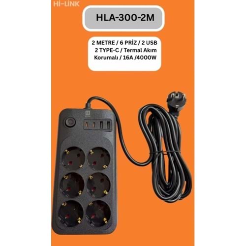Hi-Link HLA-200-2 2Mt/6 Priz/4 Usb/2 Type-C/Siyah/Termal Akım Korumalı Priz