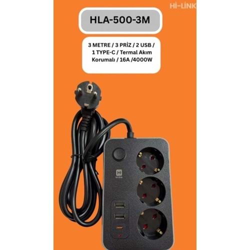 Hi-Link HLA-500-3 3 MT/ 3 Priz/ 2 Usb/ 1 Type-C Termal Akım Korumalı Priz