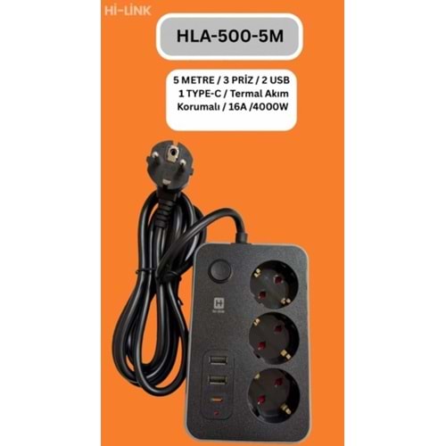 Hi-Link HLA-500-5 5 MT/ 3 Priz/ 2 Usb/ 1 Type-C Termal Akım Korumalı Priz