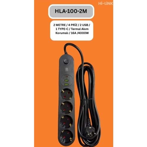 Hi-Link HLA-100-2 2Mt/4 Priz /2 Usb /1 Type-C Termal Akım Korumalı Priz
