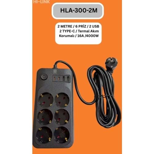 Hi-Link HLA-300-2 2Mt/6 Priz/2 Usb/2 Type-C/Siyah/Termal Akım Korumalı