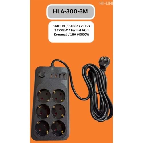 Hi-Link HLA-300-3 3Mt/6 Priz/2 Usb/2 Type-C/Siyah/Termal Akım Korumalı Priz