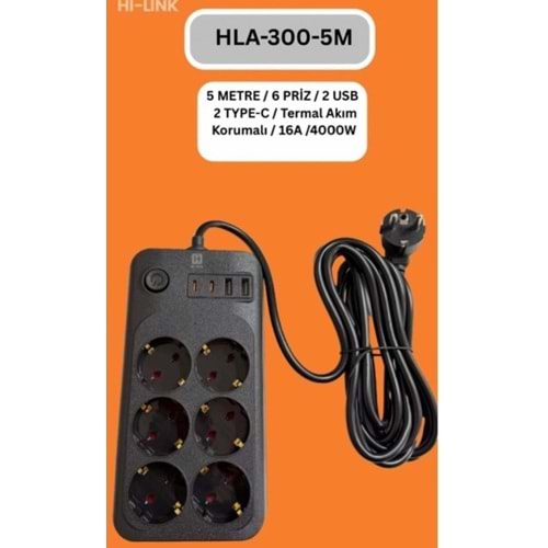 Hi-Link HLA-300-5 5Mt/6 Priz/2 Usb/2 Type-C/Siyah/Termal Akım Korumalı Priz