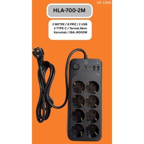 Hi-Link HLA-700-2 2Mt/8 Priz/2 Usb/2 Type-C/Siyah/Termal Akım Korumalı Priz